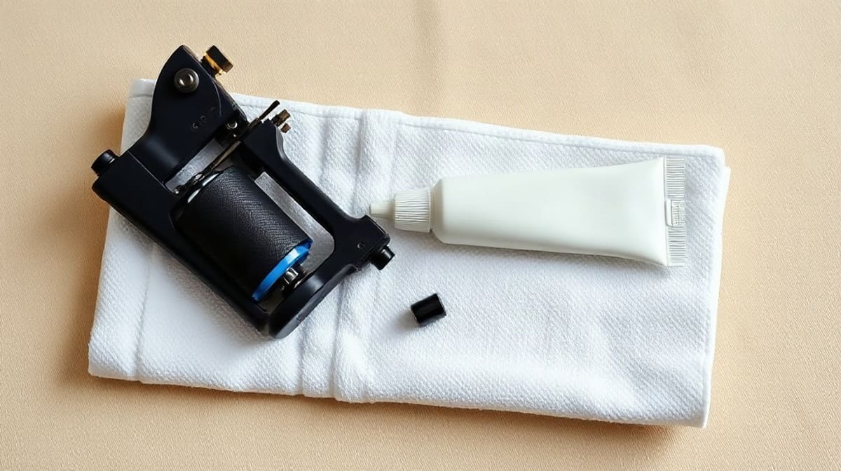 Tube de crème neutre, savon doux et serviette blanche pliée posés sur une étagère